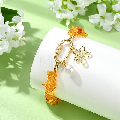 Flower Brass & Clear Cubic Zirconia Charm Bracelets BJEW-JB13920-1