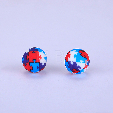 Printed Round with Puzzle Pattern Silicone Focal Beads LS-SI-JX0056A-191-1