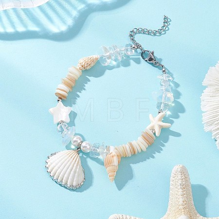 Natural Spiral Shell and Shell Pearl Beads Charm Bracelets for Women BJEW-TA00706-1