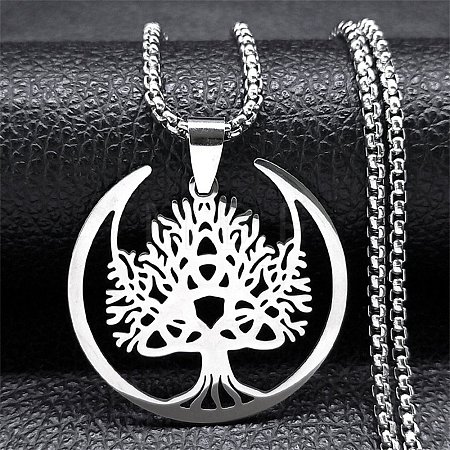 Tree of Life 201 Stainless Steel Crescent Moon Tree of Life Pendant Necklaces for Women NJEW-M105-06P-1