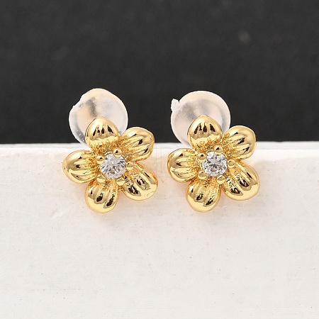 Brass Micro Pave Clear Cubic Zirconia Flower Stud Earrings EJEW-C158-17B-G-1