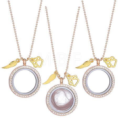 3Pcs Alloy Crystal Rhinestone Wing Paw Print and Glass Magnetic Flat Round Locket Pendant Ball Chain Necklaces for Women NJEW-DR00041-1