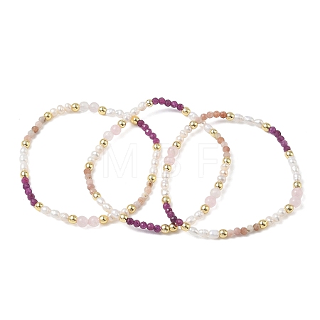 Natural Rhodonite & Rose Quartz & Ruby & Cultured Freshwater Pearl Beaded Stretch Bracelets for Women BJEW-JB13712-1