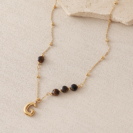 European Faceted Natural Tiger Eye 304 Stainless Steel Alphabet Pendant Necklaces QN9691-7-1