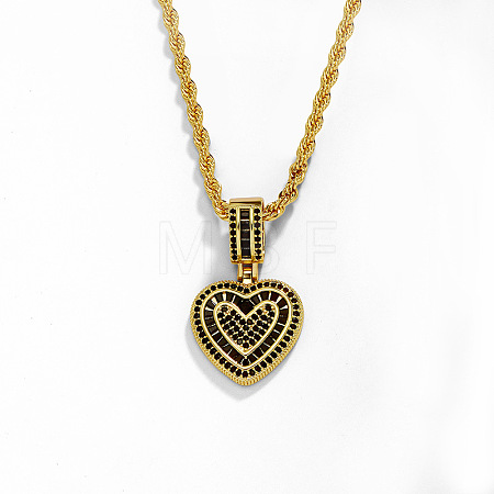 Brass Micro Pave Black Clear Cubic Zirconia Heart Pendant Rope Chain Necklaces for Women FS-WG43ED0-06-1