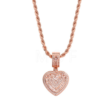 Brass Micro Pave Clear Cubic Zirconia Heart Pendant Rope Chain Necklaces for Women FS-WG43ED0-05-1