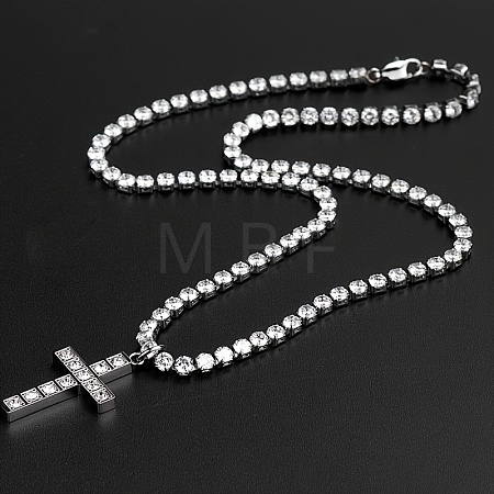 Stainless Steel Full Rhinestone Cross Pendant 4mm Tennis Chain Necklaces KD8251-2-1
