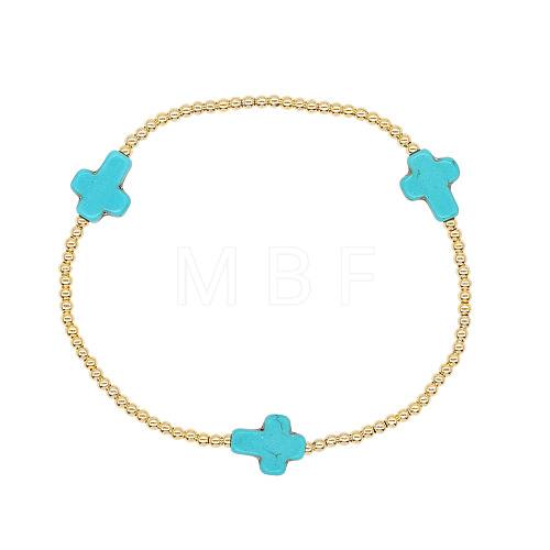 Cross Synthetic Turquoise & Round Brass Beaded Stretch Bracelets for Women Men ZA8941-1