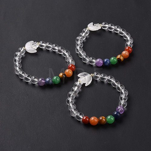 Moon and Star Natural Quartz Crystal & Mixed Gemstone Beaded Bracelets for Women G-G997-B09-1