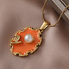 304 Stainless Steel Enamel Oval with Flower Pendant Necklaces with Imitation Pearl UX2387-3