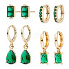 4 Pairs 4 Style Green Cubic Zirconia Teardrop Dangle Leverback Earrings & Rectangle Stud Earring & Hoop Earrings EJEW-AN0001-91-1