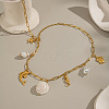 Summer Beach 304 Stainless Steel & Natural Shell Starfish Dolphin Sea Horse Pendant Paperclip Chain Necklaces for Women ZQ6874-3