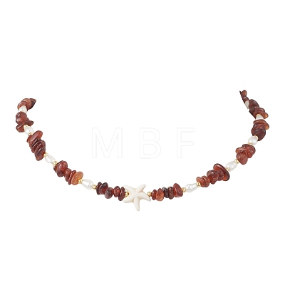 Natural Garnet Chip and Teardrop ABS Imitation Pearl & White Starfish Synthetic Turquoise Beaded Necklaces for Women NJEW-JN05765-1