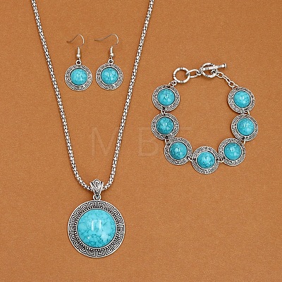 Flat Round Alloy with Synthetic Turquoise Pendant Necklaces & Dangle Earrings & Link Bracelets Sets WGD1135-05-1