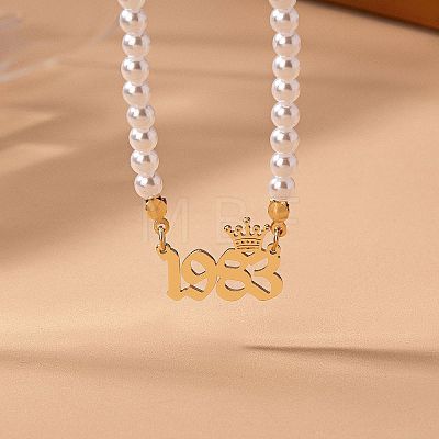 Alloy Crown Birth Year Pendant Imitation Pearl Round White Beaded Necklaces for Women FS-WG173C9-23-1