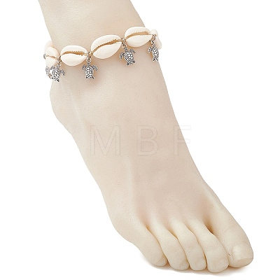 Adjustable Ocean Alloy Turtle Charms Natural Cowrie Shell Braided Bead Anklets for Womem AJEW-AN00784-1
