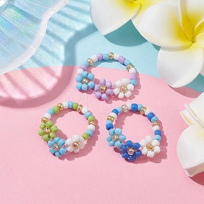 3Pcs 3 Color Glass Seed Beaded Stretch Rings Sets. Flower Stackable Rings RJEW-JR00617-1