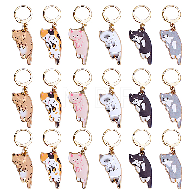 18Pcs 6 Styles Alloy Enamel Cat Shape Pendant Locking Stitch Markers HJEW-ME00171-1