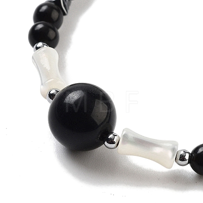 Natural Obsidian Round & Synthetic Non-magnetic Hematite & White Shell Beaded Bracelets for Women BJEW-K251-02D-1