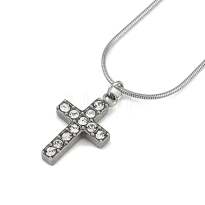 304 Stainless Steel Crystal Rhinestone Cross Pendant Round Snake Chain Necklaces for Women NJEW-Z044-05P-1