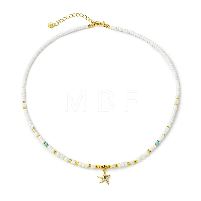 Ocean Brass Pave Blue Cubic Zirconia Sea Animals Pendant Natural Shell and Glass Seed Beaded Necklaces for Women NJEW-JN06345-01-1