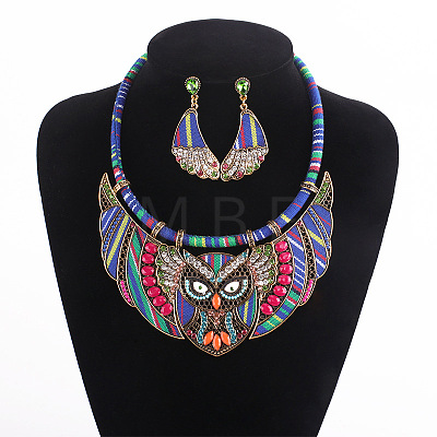 Owl Alloy Rhinestone & Polyester Cord Pendant Necklaces & Stud Dangle Earring Sets FS-WGE12EA-01-1