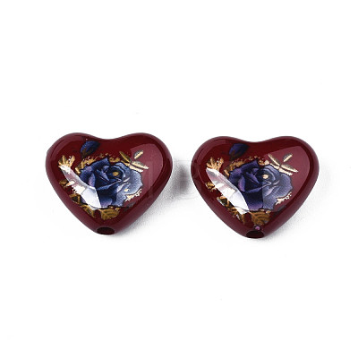 Flower Printed Opaque Acrylic Heart Beads SACR-S305-28-L01-1