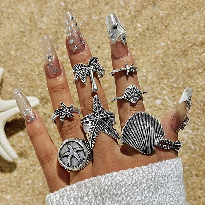 8Pcs 8 Styles Alloy Starfish/Shell Shape/Coconut Tree Finger Rings PW-WG7F8AF-01-1