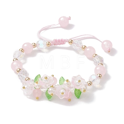 Flower Glass & Acrylic Braided Bead Adjustable Bracelets for Women BJEW-JB10446-05-1