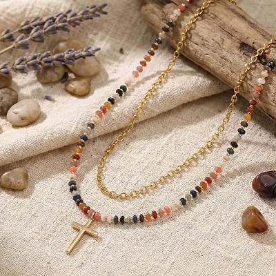 Natural Mixed Stone and Glass Beaded Stainless Steel Cross Pendant Double Layer Necklaces for Women GY4764-1-1