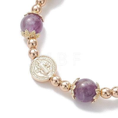 Round Brass & Shell Pearl & Synthetic Hematite & Natural Amethyst/Natural Tiger Eye/Natural Lapis Lazuli Beads Slider Bracelets for Women BJEW-JB12940-1