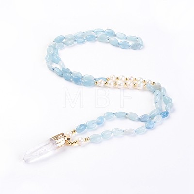 Natural Aquamarine and Natural Quartz Crystal Pendant Necklaces NJEW-I220-07-1