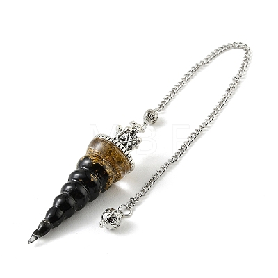 Resin Dowsing Pendulum Pendants with Natural Obsidian Chips inside and Iron Chain & Alloy Caps GG-CBAEAD2-01C-1