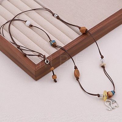 Boho Alloy Elephant Pendant Adjustable Waxed Cord Necklaces WGBAB51-01-1