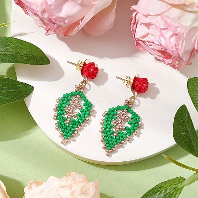 Rose with Leaf Seed Beads Stud Earrings EJEW-MZ00222-03-1