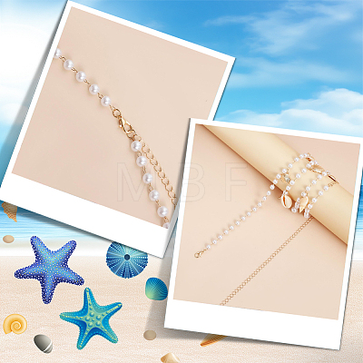 Natural Shell and Iron Starfish Tassel Imitation Pearl Link Chain Waist Chains for Women AJEW-CP0011-35B-1
