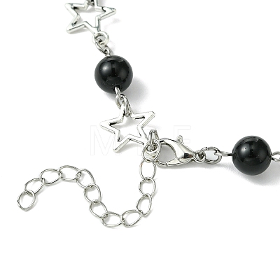 Star Alloy & Round Natural Eyeless Obsidian Link Chain Necklaces for Women NJEW-JN05135-1