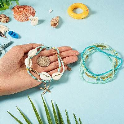 2 Bags Summer Beach Glass Seed Beaded & Natural Shell & Alloy Starfish Charm Anklet Sets AJEW-TA0003-69G-1