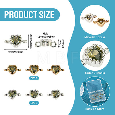 12Pcs 2 Colors Brass Pave Cubic Zirconia Heart Links Connector Charms KK-TA0003-48F-1