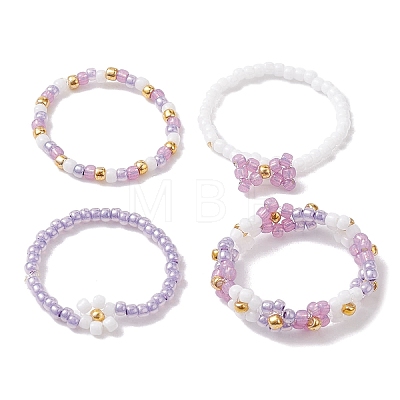 4Pcs 4 Style Glass Seed Beaded Stretch Finger Rings RJEW-JR00661-02-1