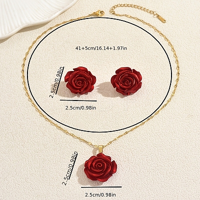 Elegant Iron Resin Rose Flower Stud Earrings & Pendant Necklaces Sets for Women ZC5626-1