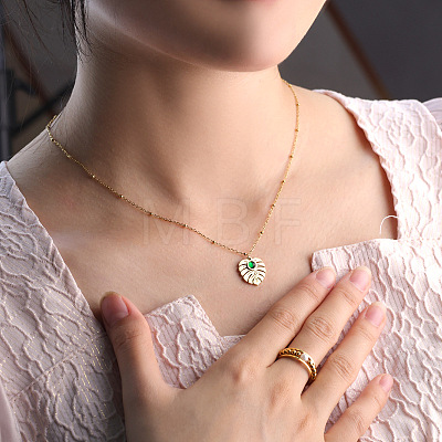 304 Stainless Steel Glass Leaf Pendant Satellite Chain Necklaces for Women WG6ADB0-01-1