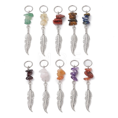 Natural Gemstone Chips & Alloy Feather Pendants PALLOY-JF02771-1