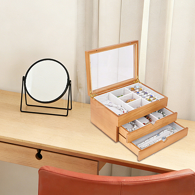 3-Tier Pine Wood Jewelry Storage Drawer Boxes with Visible Window CON-WH0095-222-1