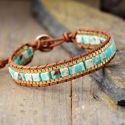 Dyed Natural Imperial Jasper & Cowhide Leather Beaded Braided Bead Bracelets FS-WGEDC06-03-1