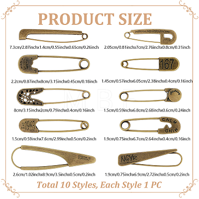 10Pcs 10 Styles Alloy Large Safety Pins JEWB-GA0001-55-1