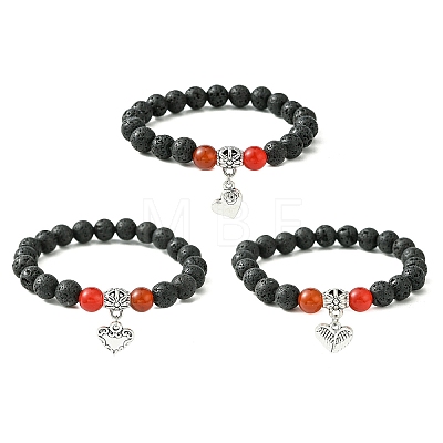 Natural Lava Rock Round & Carnelian Beads Stretch Bracelets for Women BJEW-JB11472-1