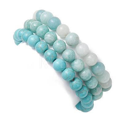 3Pcs Round Natural Amazonite & Synthetic Turquoise & Pearl Beaded Stackable Stretch Bracelets Sets BJEW-JB12991-1