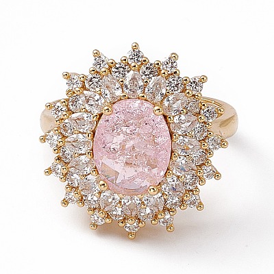 Pink Glass Oval Adjustable Ring with Cubic Zirconia RJEW-J017-VC497-1