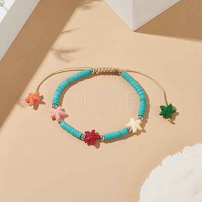 Dyed Synthetic Turquoise(Dyed) Heishi Beaded Bracelets with Dyed Synthetic Coral Starfish BJEW-JB09194-01-1